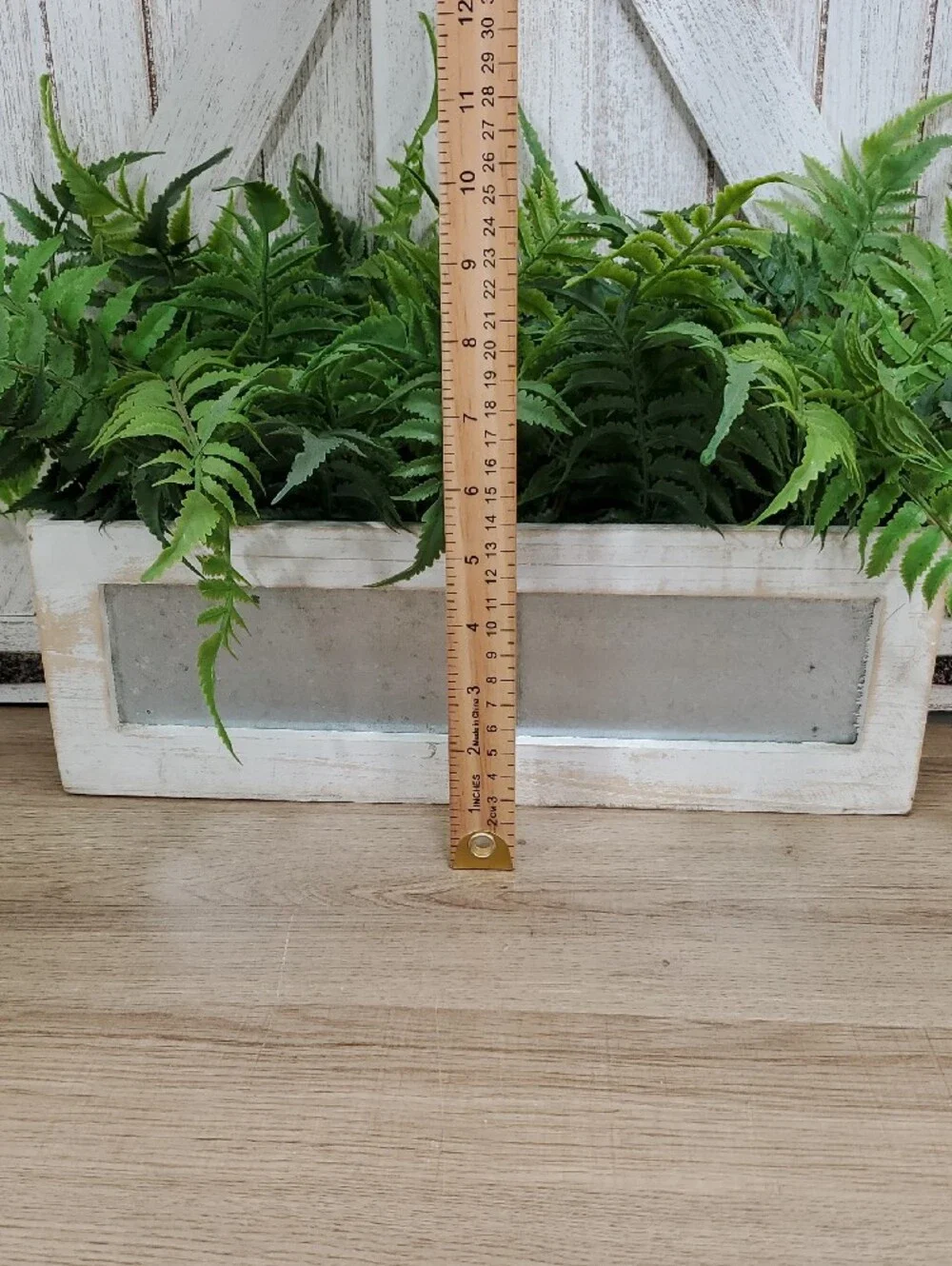 Artificial Fern in Rectangular Distressed Wood Planter Box Faux Plant Decor